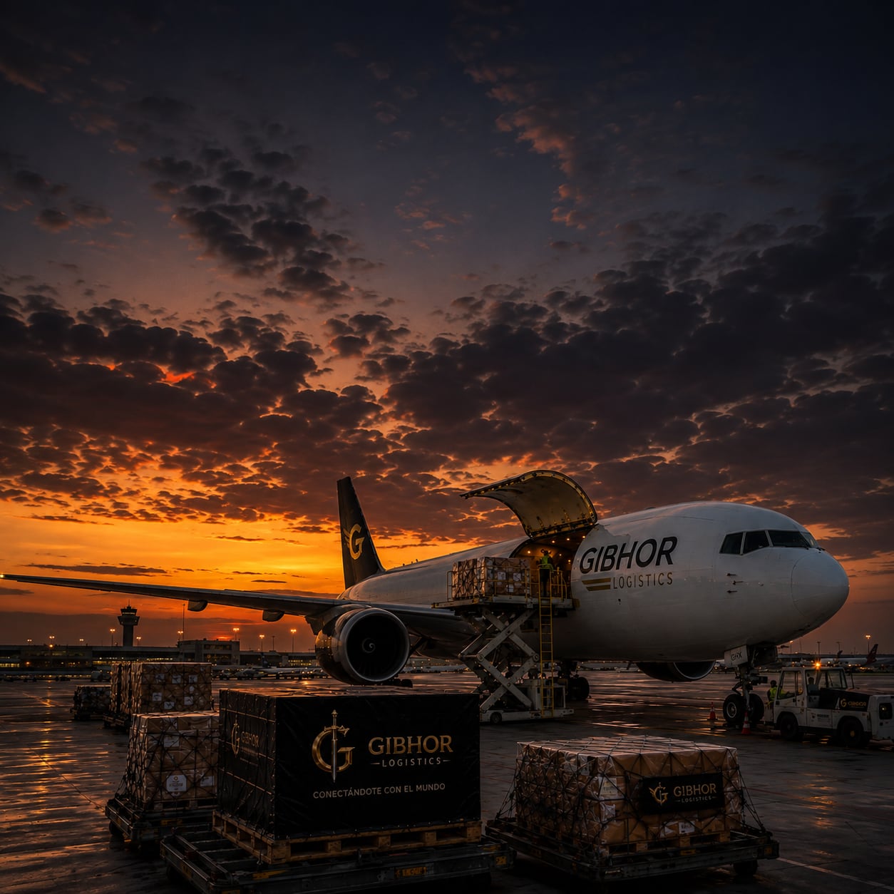 Avión de carga Gibhor Logistics al atardecer